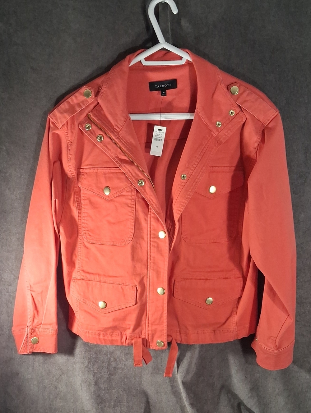 Talbots Coral Stretch Denim Military Style Jacket with Zip Snaps 4 Pockets NWT M